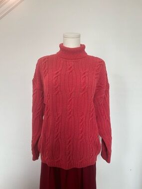 Vintage Cambridge Dry Goods 100% Silk Cable Knit Turtleneck Sweater - Coral